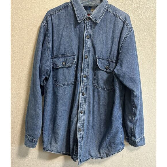 Wolverine Other - VTG Wolverine Denim Shirt Jacket Shacket Mens Large Plaid Fleece Flannel Lined